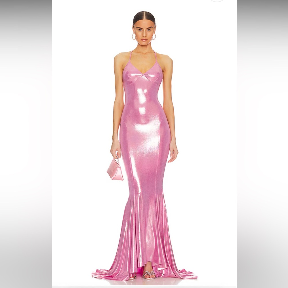 NWT Norma Kamali Metallic Fishtail Gown In Candy Pink Size Small